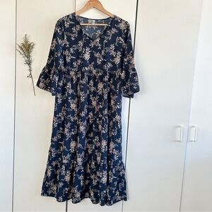 Navy Blue Floral Tier Midi Dress • Sz S